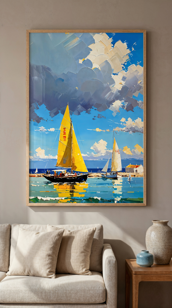 Living room with a framed sailboat artwork above a cream sofa